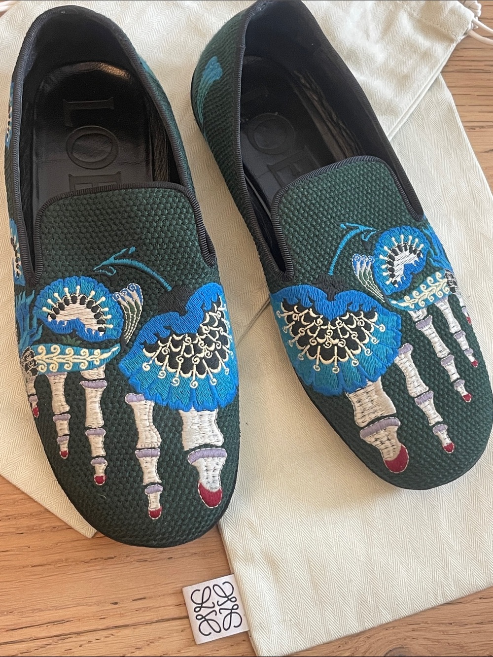 Loewe Embroidered Bone Crane Loafers Size 38 Green Velvet Luxury Flats